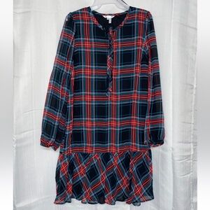 Draper James Holiday Tie Neck Flounce Shift Dress Long Sleeve Plaid Sz Medium